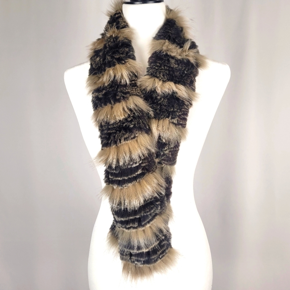 AQUA 100% Rex and Fox Fur Scarf in Black and Tan